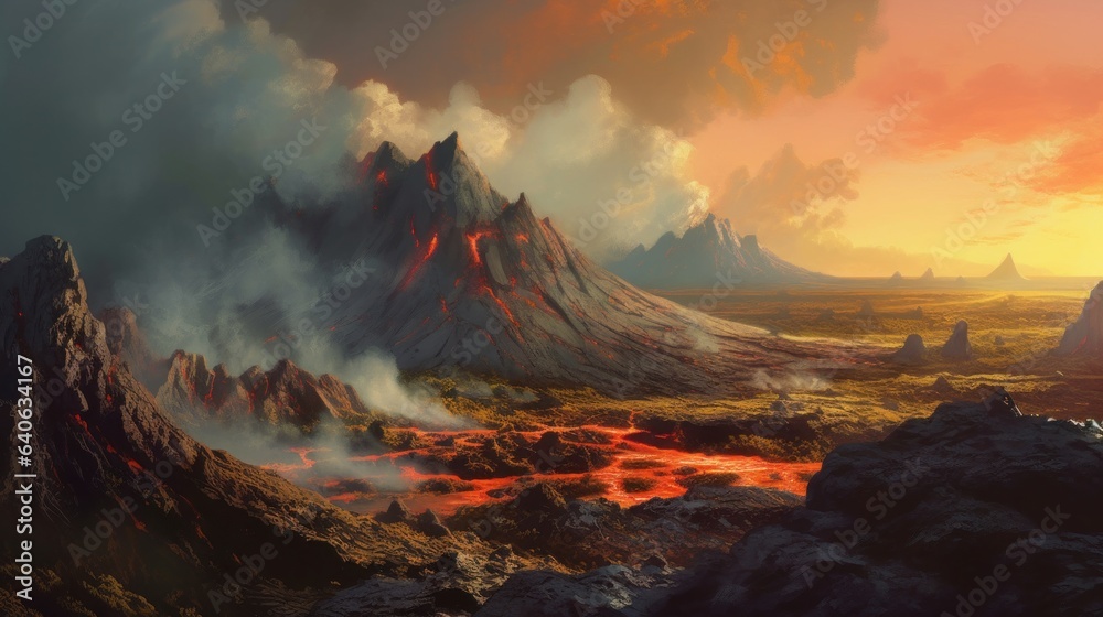 Dynamic volcanic landscape, with an active volcano and steam vents. AI generated