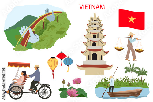 Vietnam flat vector set. Sights, activities of people and symbols of Vietnam. 