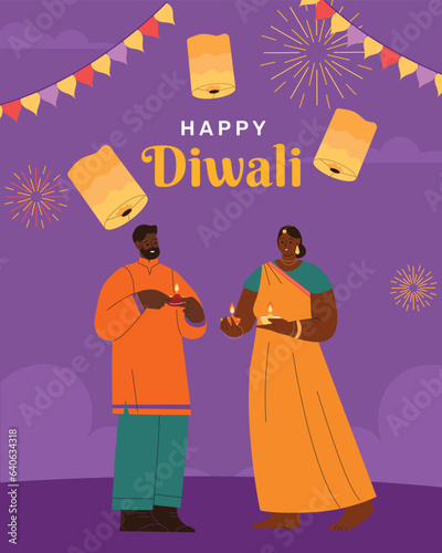 Happy Diwali, Beautiful Hindu Indian couple in traditional attire lightening diya on Diwali day. Celebrate festival of lights, Diwali. Vector illustration