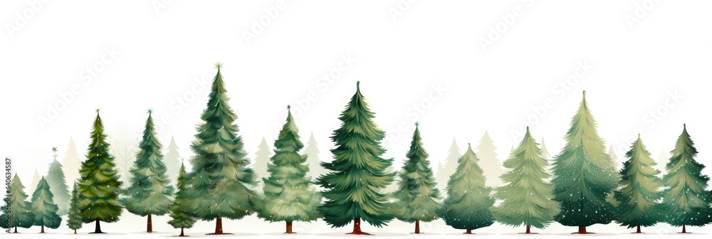 Christmas trees on white background, illustration drawn cartoon style panorama. Celebration Christmas or New Year.