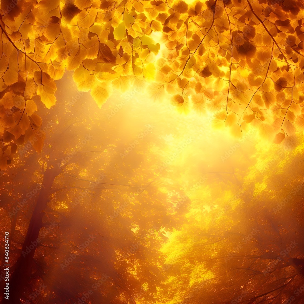 Radiant Autumn Glow: Sunlight Filtering Through Vibrant Golden Canopy