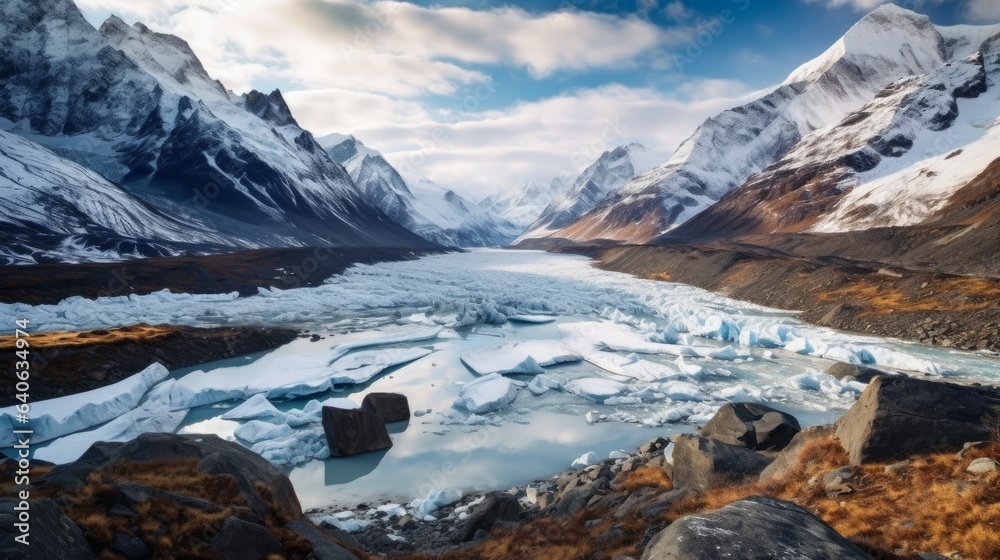 Magnificent glacial landscape, with icy-blue glaciers, snow-capped peaks. AI generated