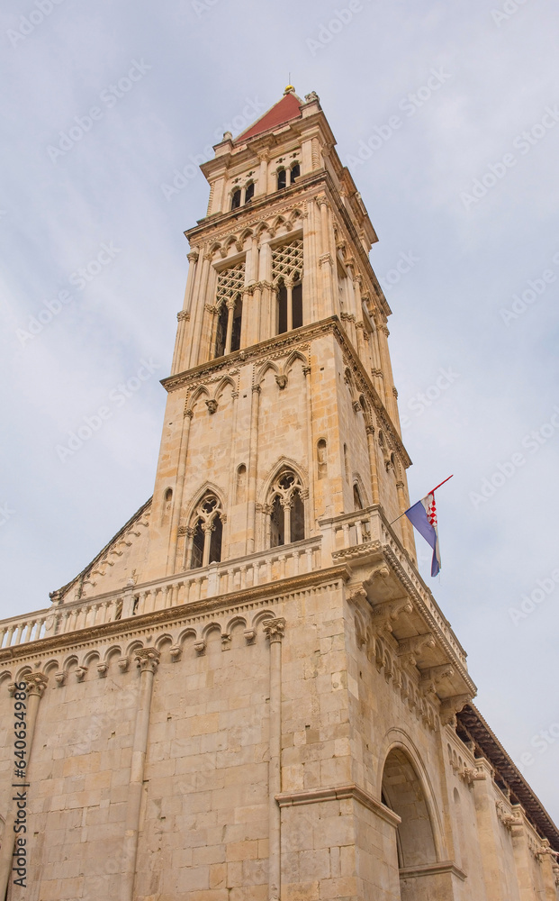 The bell tower of the 13th century Cathedral of Saint Lawrence in Trogir in Croatia. Called Crkva Sv Lovre in Croatian