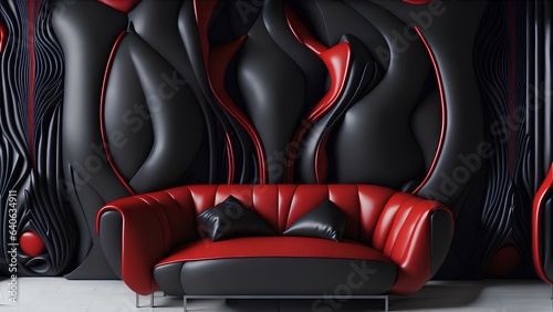 Interior with a beautiful black wall with 3D abstract pattern of polygon and furniture with red fittings photo