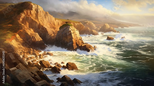 Picturesque Coastal Cliffs with rugged rock formations, crashing waves. AI generated