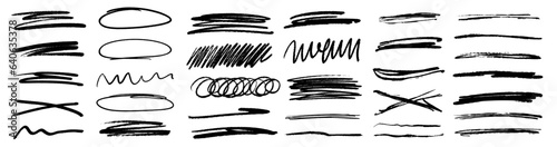 Grunge scrawls, charcoal scribbles, rough brush strokes, underlines and circles. Bold charcoal freehand stripes and ink shapes. Crayon or marker scribbles. Vector illustration