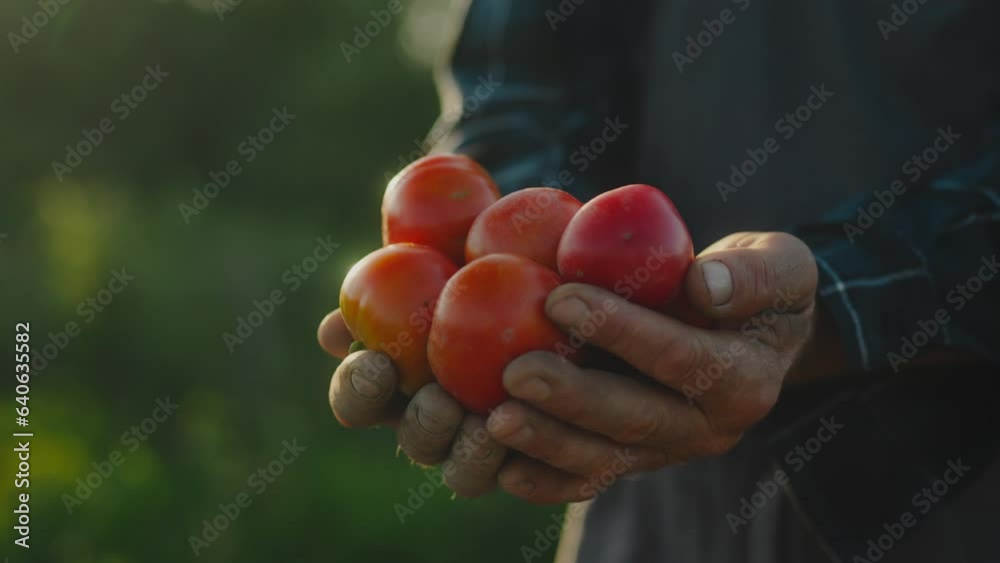 Male organic farmer picking tomatoes on a plantation. Farmer's hands with freshly picked tomatoes. Freshly picked tomatoes in hand. Gardening tomatoes outdoors. Farmer's hands with harvest of tomatoes