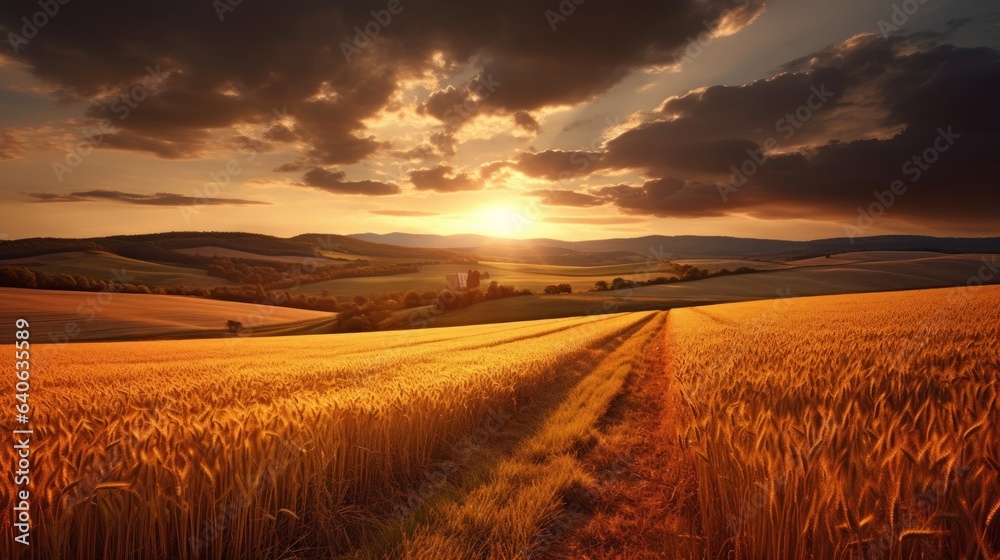 Picturesque sunset over fields with golden light. AI generated