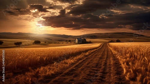 Picturesque sunset over fields with golden light. AI generated