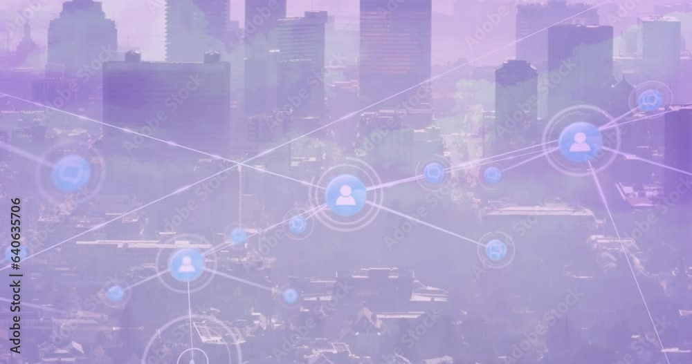 Animation of connected icons over aerial view of modern cityscape against sky Animation of connected icons over aerial view of modern cityscape against sky