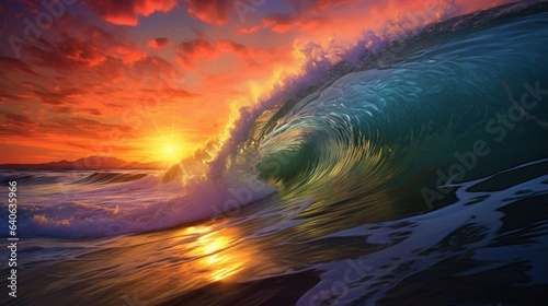 Sunrise over the ocean with vibrant colors filling the sky and the waves. AI generated © PandaStockArt