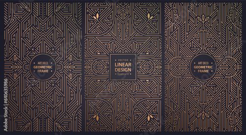 Vector set of art deco design elements, labels and frames for luxury products, golden linear fancy backgrounds, vintage style posters, prints, wedding invitation, covers, package.