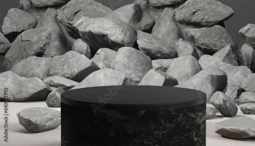 Minimal black cylinder pedestal or podium for product showcase with rocks and stones background. Stand product mockup backdrop high Resolution 3d vector.
