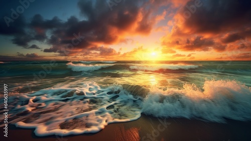 Sunrise over the ocean with vibrant colors filling the sky and the waves. AI generated