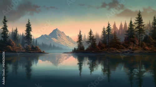 Tranquil lakeside scene with still waters reflecting the surrounding trees and mountains. AI generated © PandaStockArt