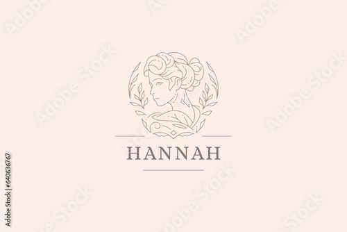 Elegant woman gentle hairstyle floral leaves botanical ornate line art logo design template vector