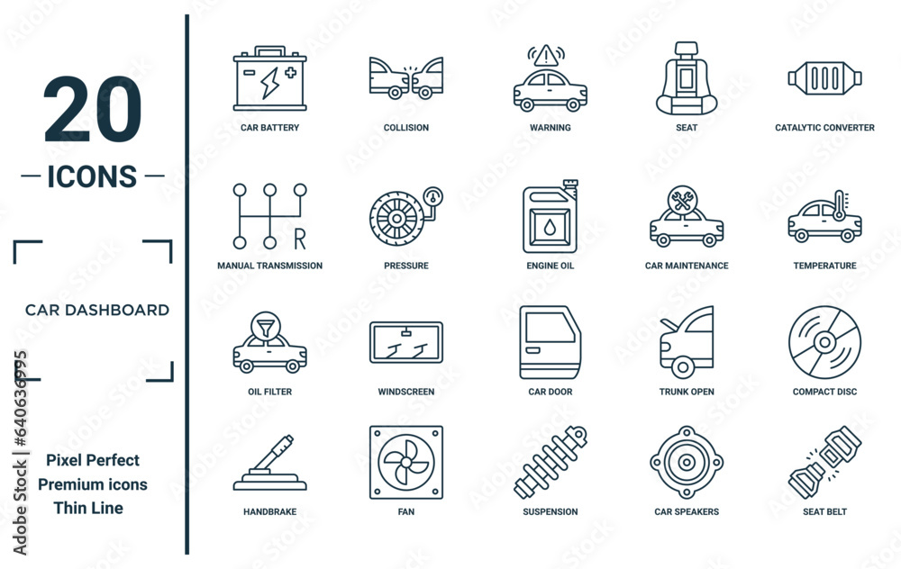 car dashboard linear icon set. includes thin line car battery, manual ...