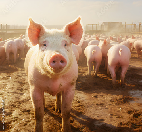 Pig farm in countryside, pig looking at camera.