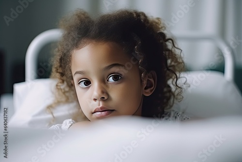 The sad face of a little girl reveals her inner feelings in the hospital room.