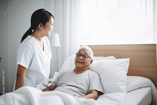In the hospital or at home, a doctor and a nurse provide professional medical care to an elderly woman.
