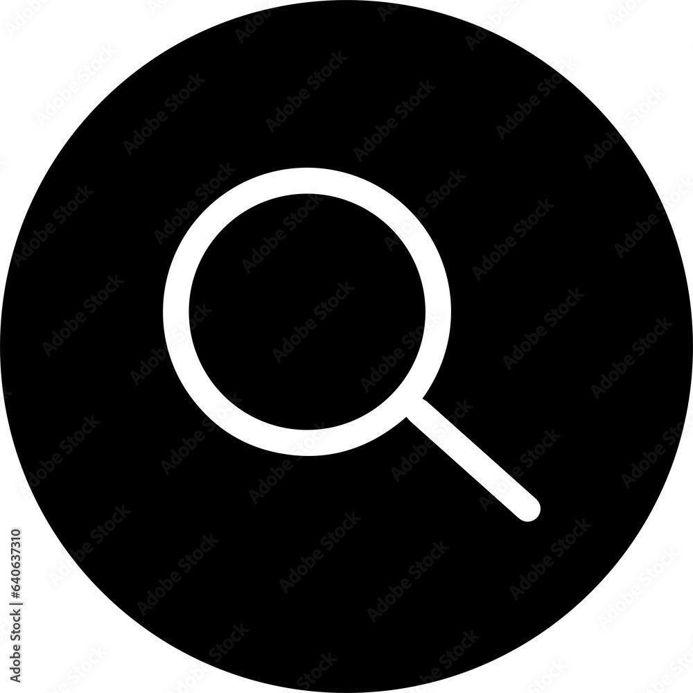 A white magnifying glass is centered on a black circle. A white magnifying glass is centered on a black circle.
