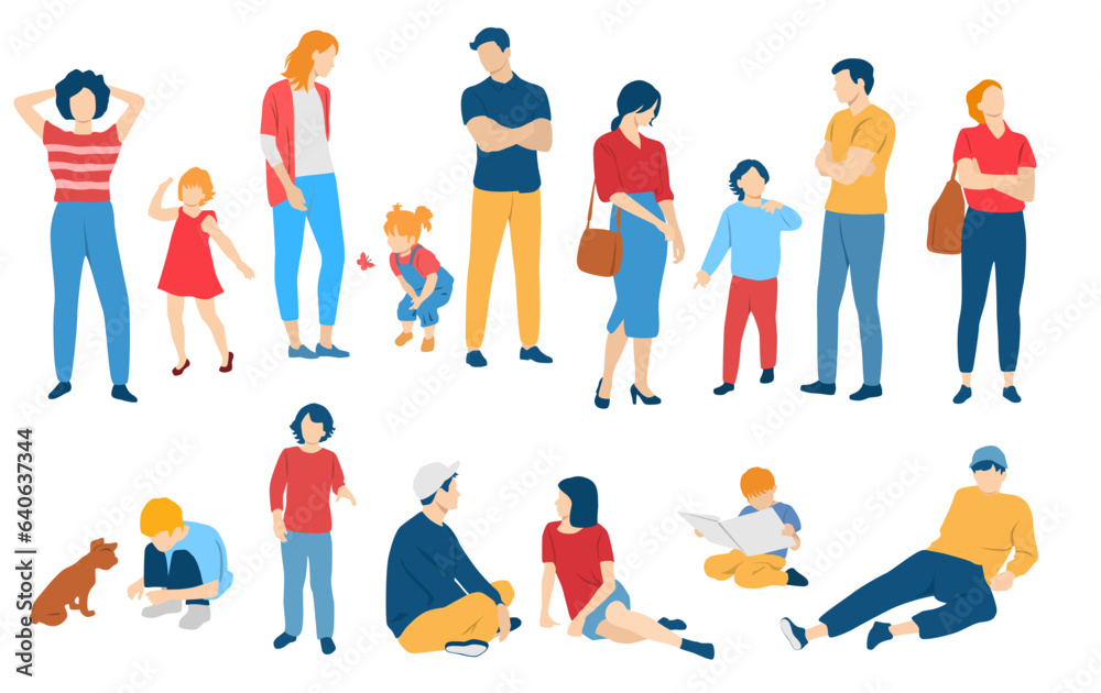 Men, women, teenagers and children standing, walking, sitting, different colors, cartoon character, group  silhouettes rest people, students, the design concept of flat icon, isolated on white 