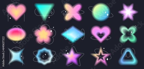 Y2k style blurred gradient shapes set. Blurry aura aesthetic elements collection of different geometric forms with lines isolated on black background. Vector design objects with defocus effect.