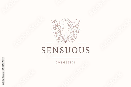 Woman face with flower hairstyle romantic silhouette line art logo design template vector