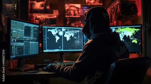 a hacker wearing a hoodie and sitting in front of multiple monitor.Generative Ai