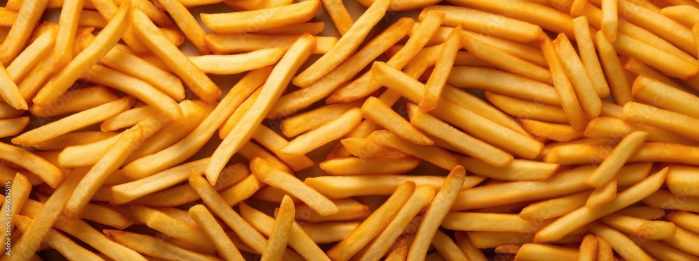 Heap of yummy french fries as textured background, full frame, top view panorama. Heap of yummy french fries as textured background, full frame, top view panorama.