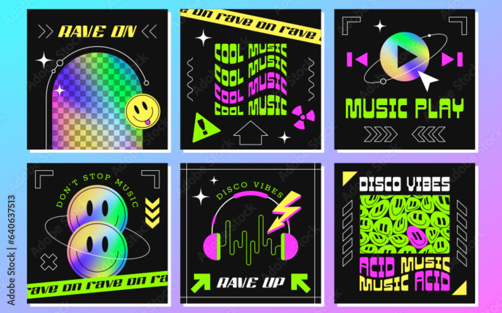 Music event social media posters templates with geometric shapes, smiles and rainbow holographic gradient. Set of banners, flyers in y2k style. Disco posters with neon copy space, hologram elements.