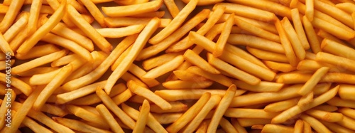 Heap of yummy french fries as textured background  full frame  top view panorama.