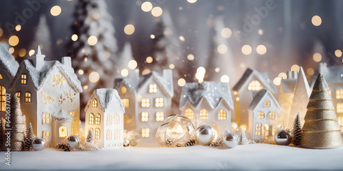 Christmas miniature scene of cozy town with festive buildings  lights bokeh  lantern decorations.New year  Xmas background.Winter magical card. Wanderland. Holidays template.Generative ai