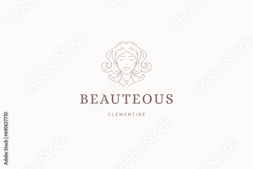 Dream fantasy woman portrait curved hair style beauty line art logo design template vector
