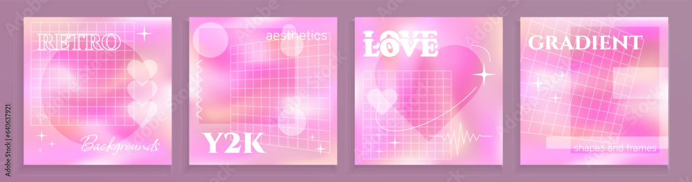 Four liquid holographic backdrops, cards in Y2K aesthetic, square postcards with frames and gradient background, shapes and grids. Four liquid holographic backdrops, cards in Y2K aesthetic, square postcards with frames and gradient background, shapes and grids.