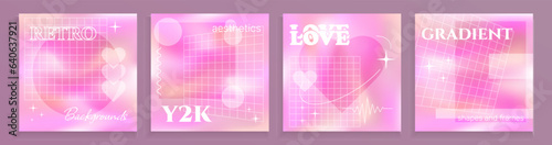 Four liquid holographic backdrops, cards in Y2K aesthetic, square postcards with frames and gradient background, shapes and grids.