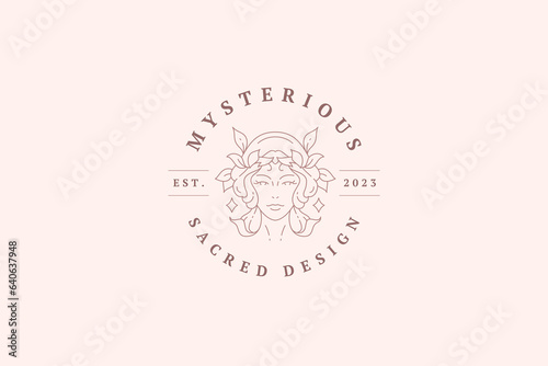 Feminine blossom floral woman portrait with leaves hair line art logo design template vector