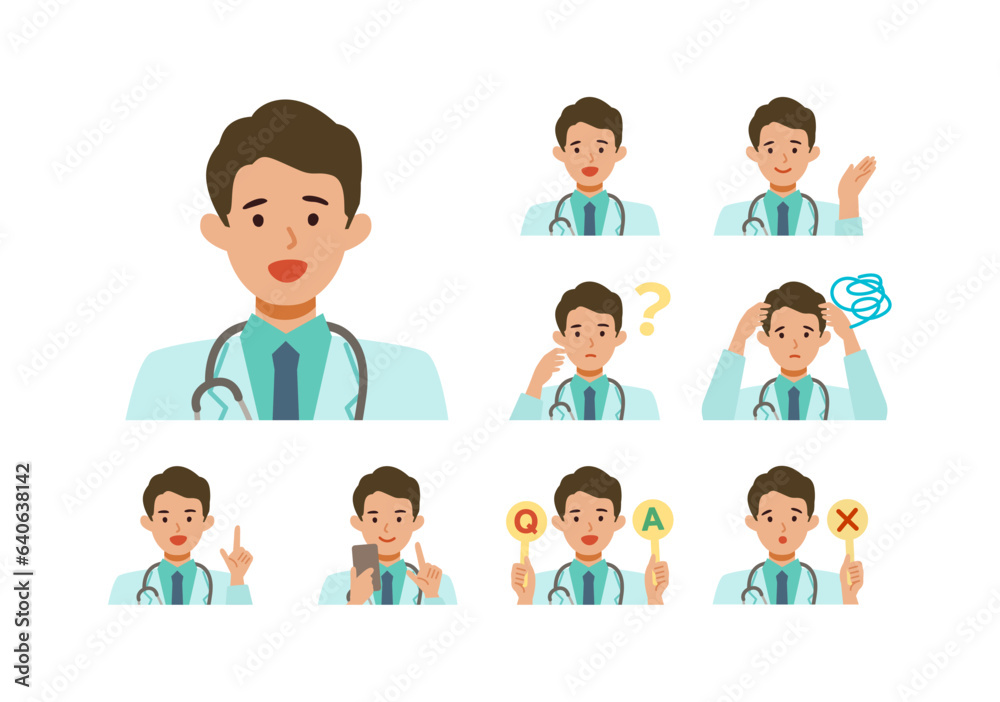 Doctor man wearing lab coats. Healthcare conceptMan cartoon character head collection set. People face profiles avatars and icons. Close up image of smiling man. Doctor man wearing lab coats. Healthcare conceptMan cartoon character head collection set. People face profiles avatars and icons. Close up image of smiling man.