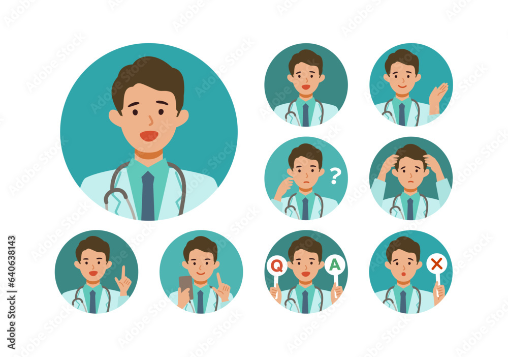Doctor man wearing lab coats. Healthcare conceptMan cartoon character head collection set. People face profiles avatars and icons. Close up image of smiling man. Doctor man wearing lab coats. Healthcare conceptMan cartoon character head collection set. People face profiles avatars and icons. Close up image of smiling man.