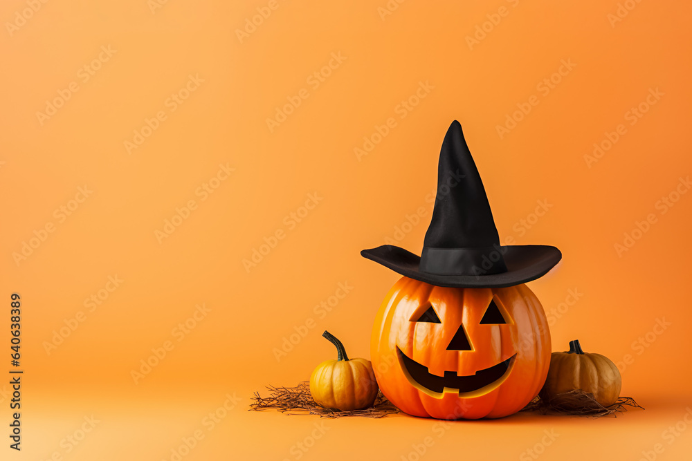 Halloween pumpkin in a black witch hat on orange background with copy space - obrazy, fototapety, plakaty 