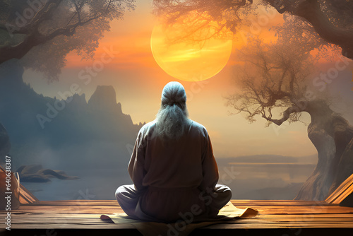 Mysterious yoga guru sitting with his back, with unrecognizable face meditating in his hut