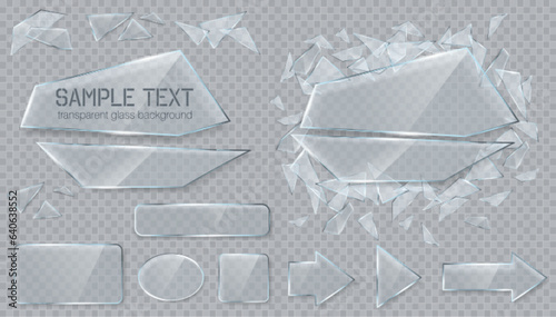 Vector transparent glass design elements for game and web. Arrows and objects.  Broken glass with sharp pieces