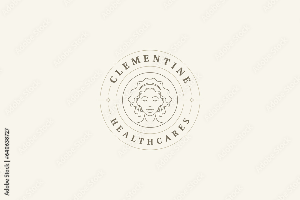 Bohemian female face with earrings accessories elegant portrait line art logo design template vector