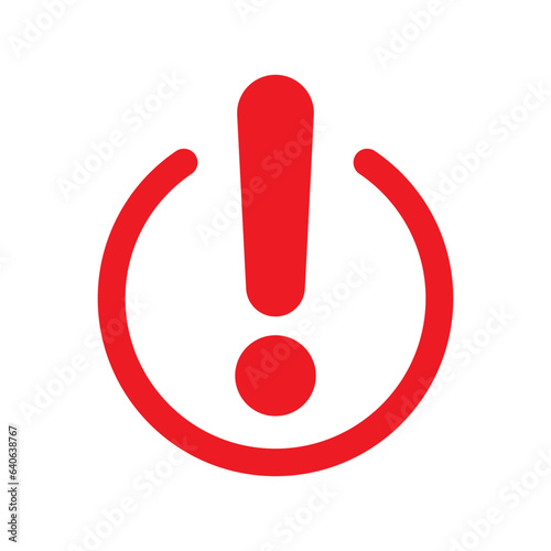 Red exclamation point round icon. Concept of big error or failure shape and ui element. Flat simple style simple attentive logotype graphic web minimal design isolated on white background.