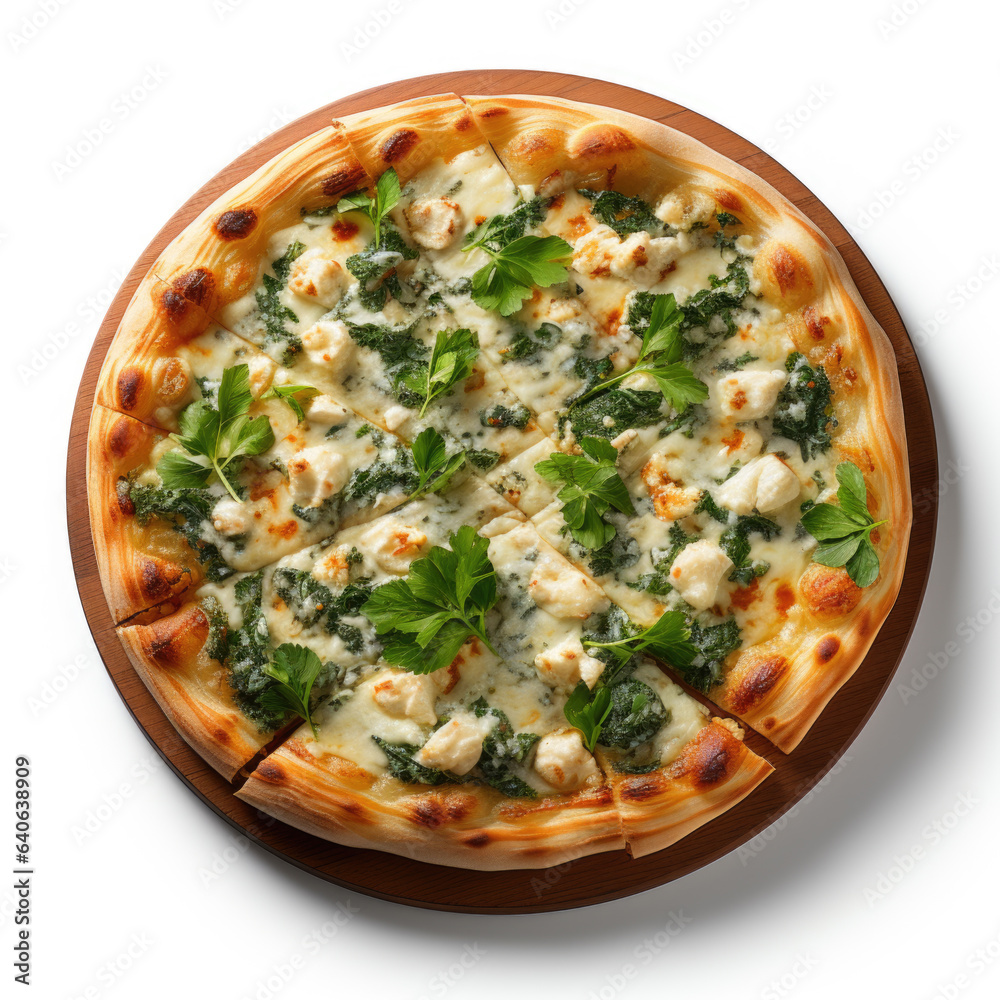 Pizza with cheese and spinach on white background. Generative AI