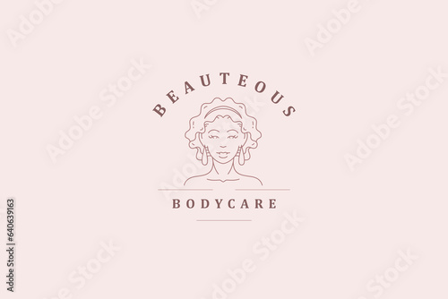 Fashion elegant feminine woman portrait earrings accessories line art logo design template vector