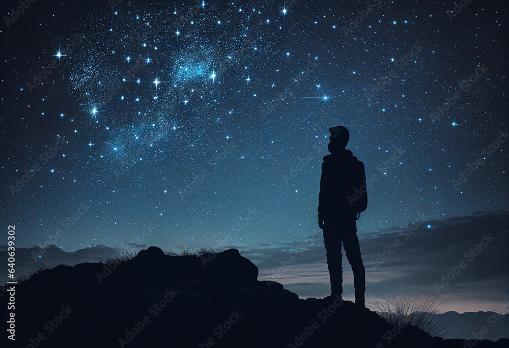 Young man looking at the stars on top of the hill. AI Generated