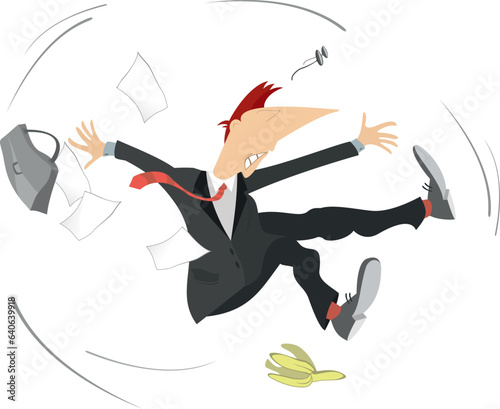 Man falling banana peel. 
Cartoon businessman falling down slipping on banana peel
