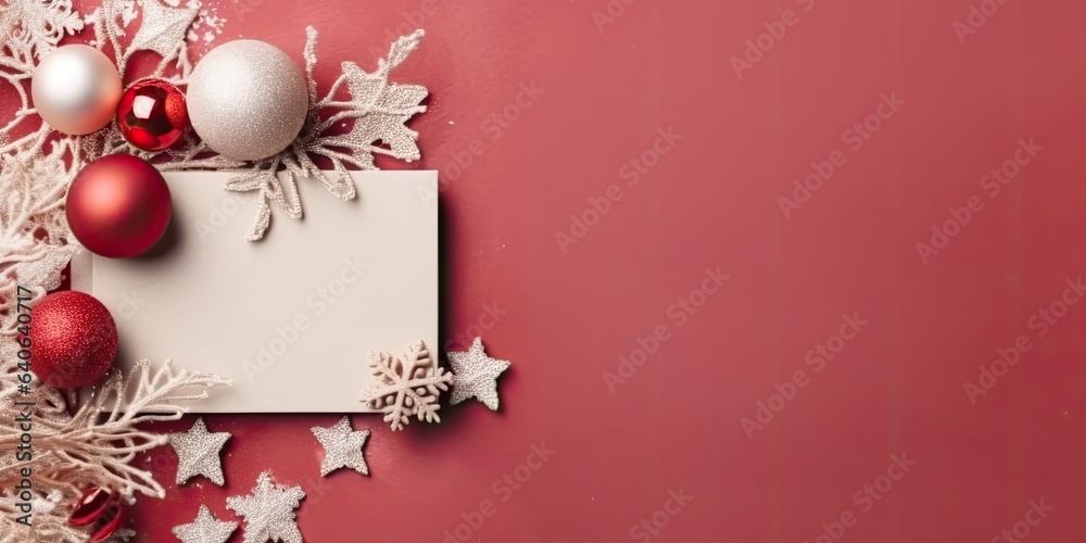 Christmas invitation card mockup. Flat lay, top view, copy space Christmas invitation card mockup. Flat lay, top view, copy space