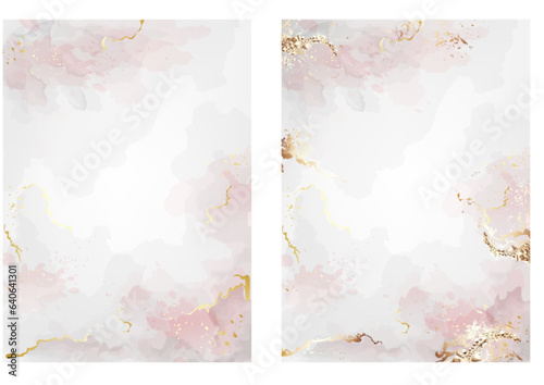 Vector watercolor style light pink texture with golden glitter and stones for your gift and wedding invitations. Editable transparent templates 